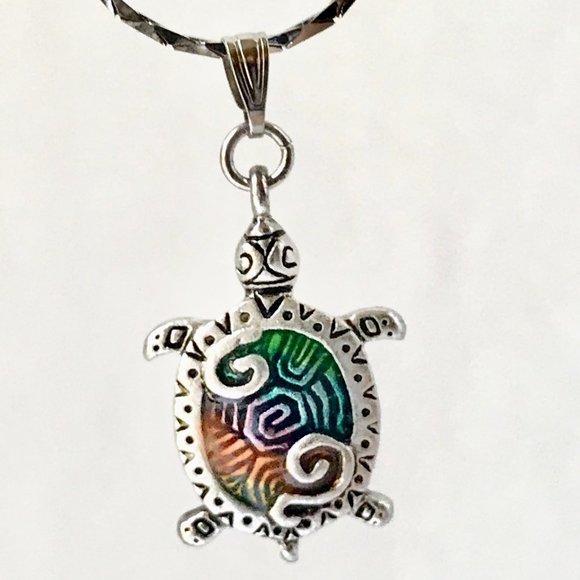 Silver Sea Turtle Pendant Necklace Colorful Enamel Plated 19" Nautical Island - Picture 8 of 14